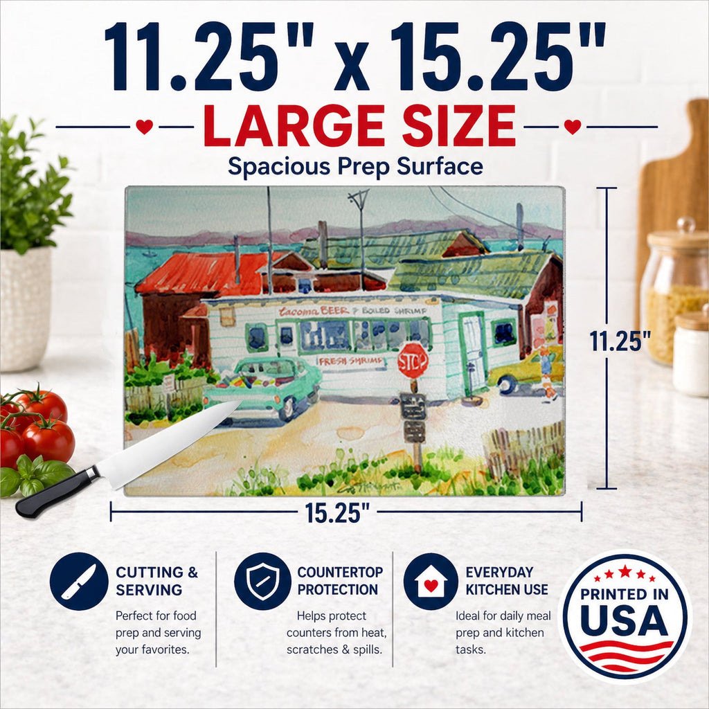 Tacoma Beer and Boiled Shrimp Market Cutting Board Tempered Glass Kitchen Cutting Surface, Heat Resistant Chopping, Non-Slip Feet, Food Prep & Serving