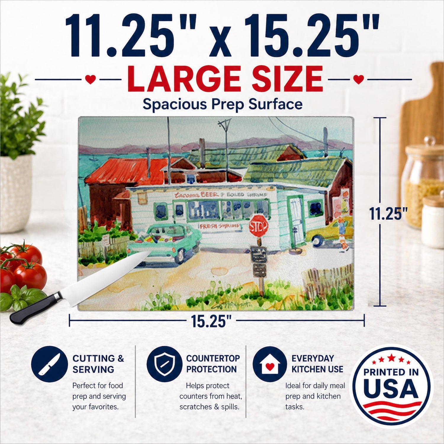 Tacoma Beer and Boiled Shrimp Market Cutting Board Tempered Glass Kitchen Cutting Surface, Heat Resistant Chopping, Non-Slip Feet, Food Prep & Serving