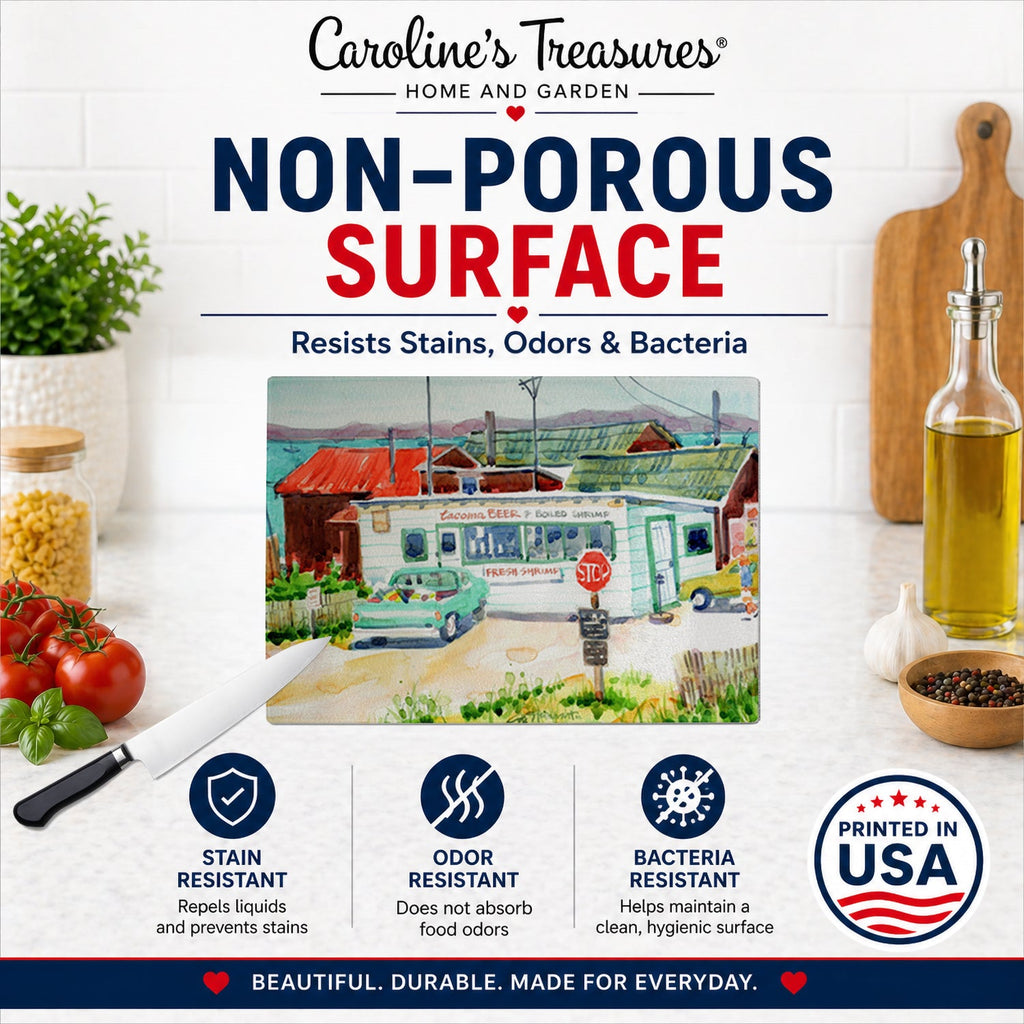 Tacoma Beer and Boiled Shrimp Market Cutting Board Tempered Glass Kitchen Cutting Surface, Heat Resistant Chopping, Non-Slip Feet, Food Prep & Serving