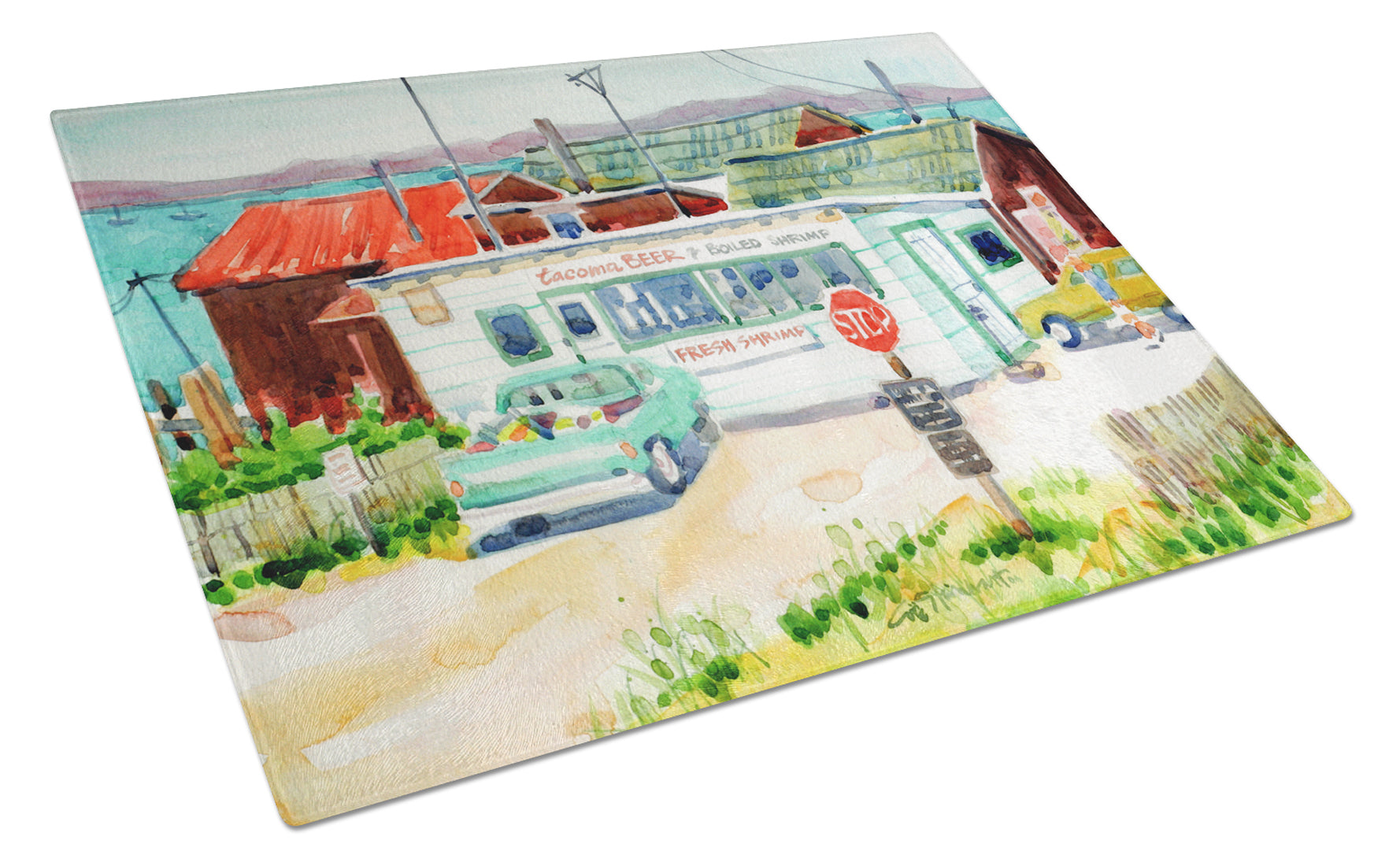 Tacoma Beer and Boiled Shrimp Market Cutting Board Tempered Glass Kitchen Cutting Surface, Heat Resistant Chopping, Non-Slip Feet, Food Prep & Serving