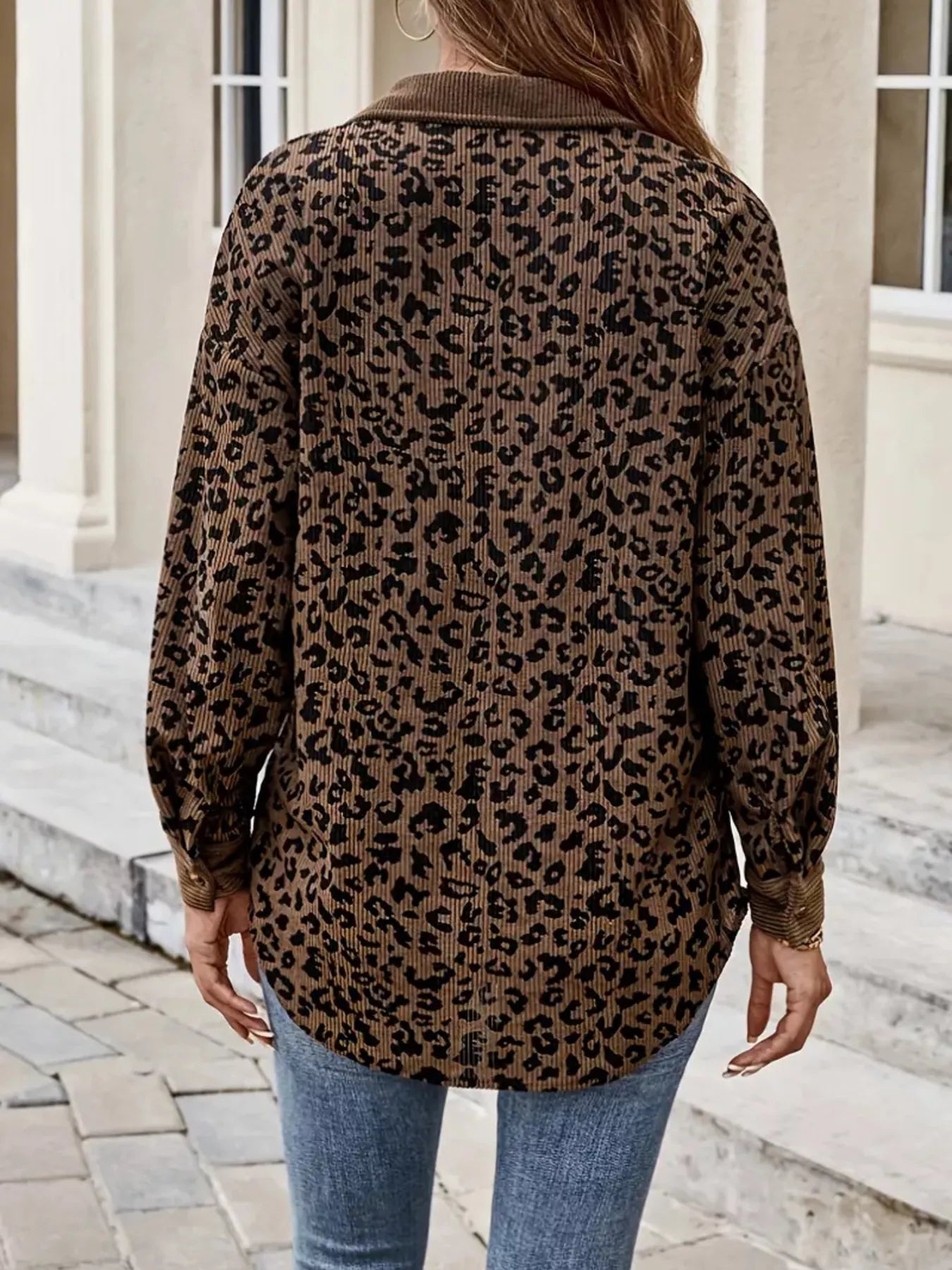 Leopard Print Corduroy Button-Up Jacket