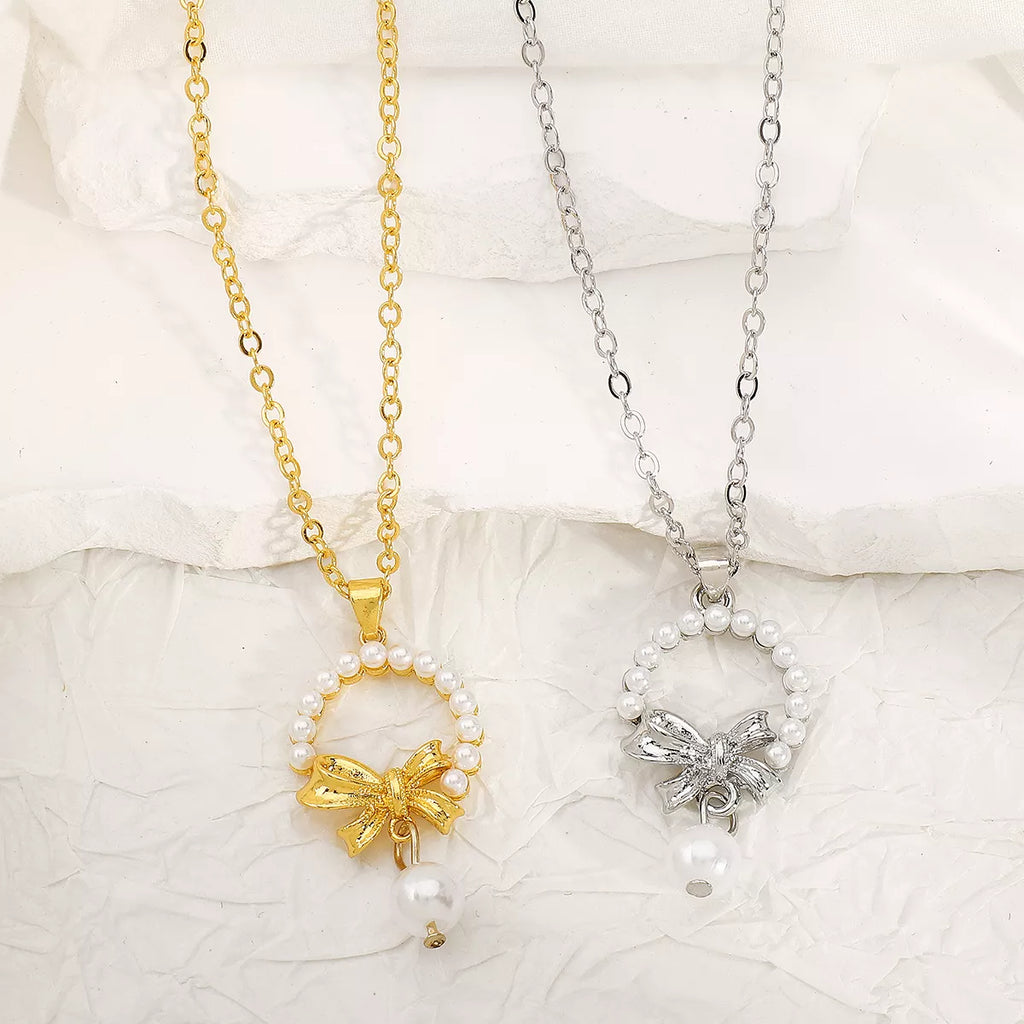 Bowknot Pearl Earrings and Pendant Necklace Jewelry Set