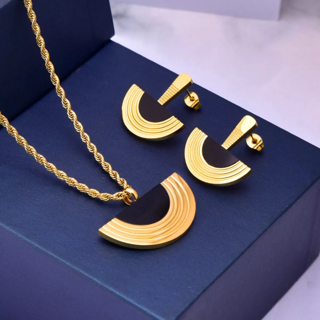 Geometric Half-Circle 18K Gold Plated Necklace Ring and Earrings Jewelry Set