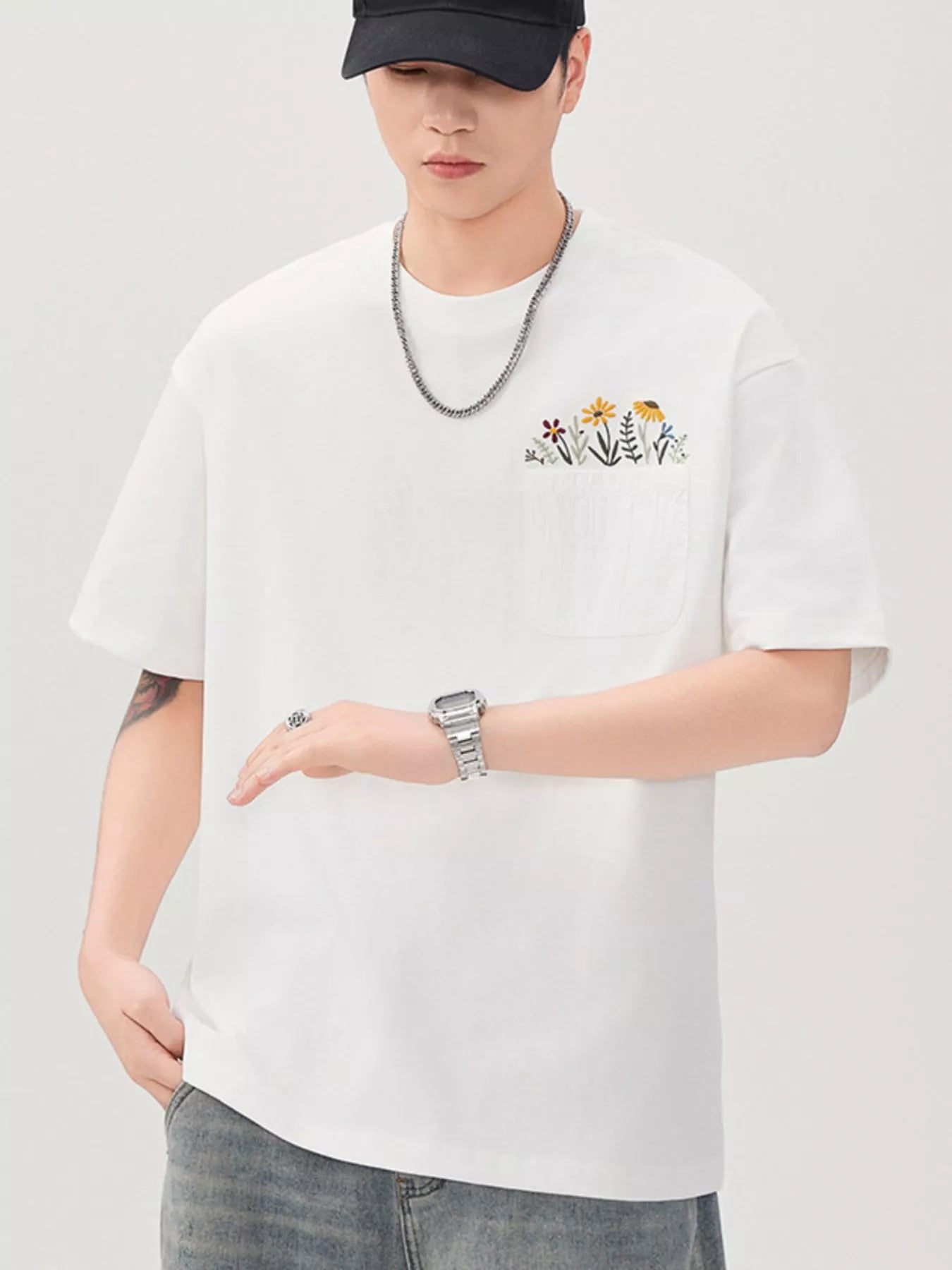 Men's Plus Size Floral Pocket Embroidered Casual T-Shirt
