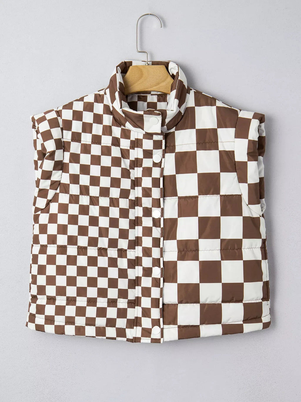 Double Checked Stand Collar Cropped Puffer Vest