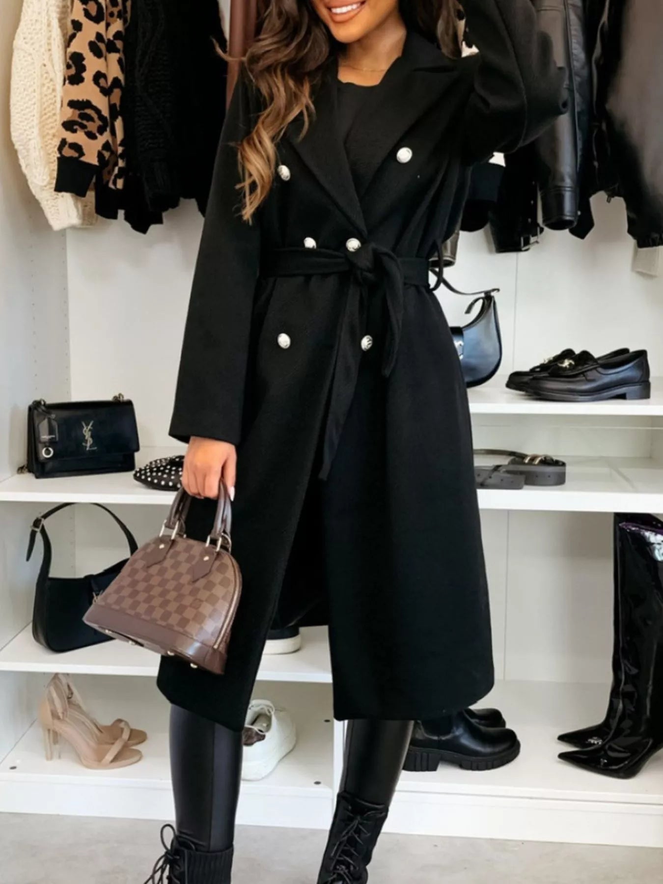 Double-Breasted Tie Waist Overcoat