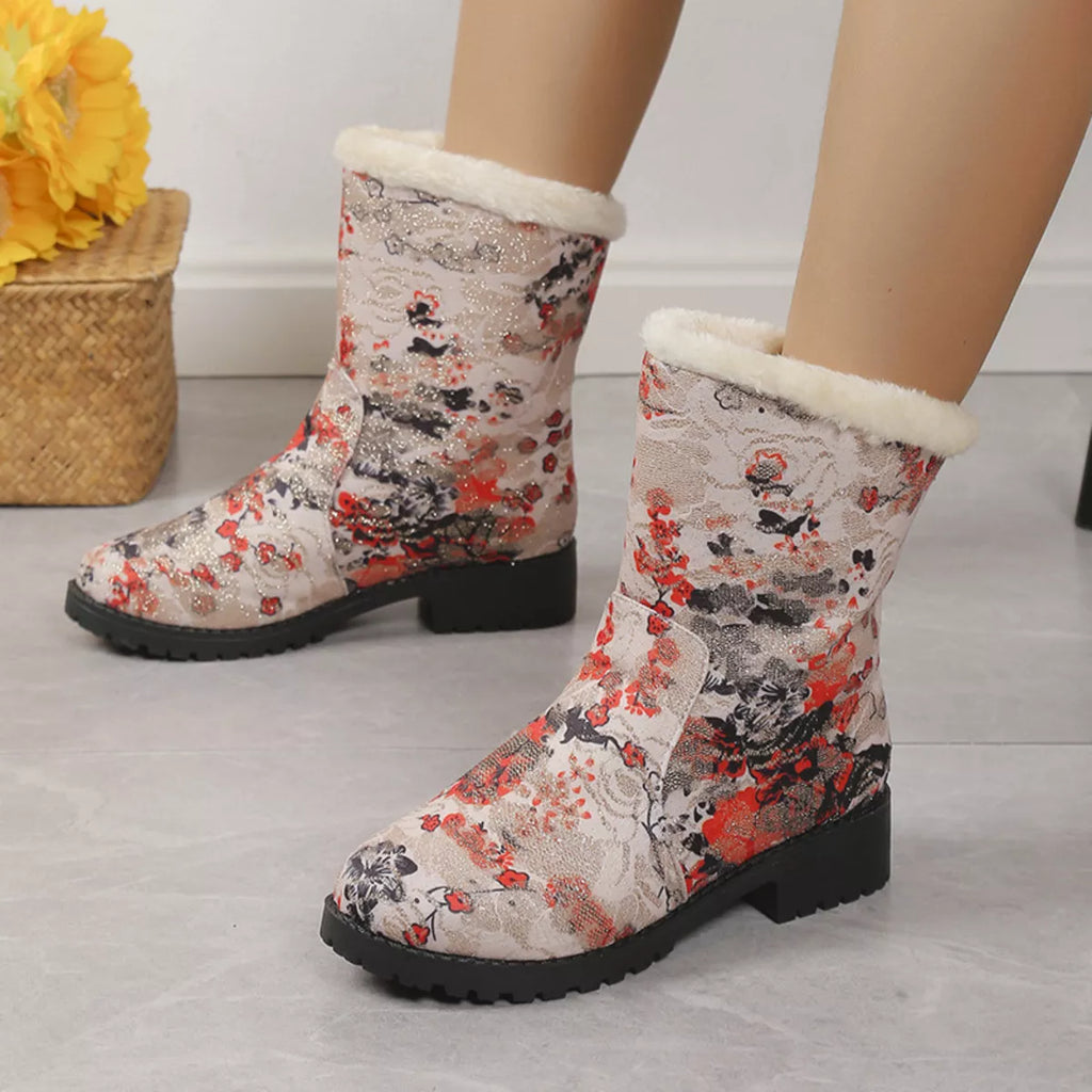 Floral Print Warm Lined Ankle Boots