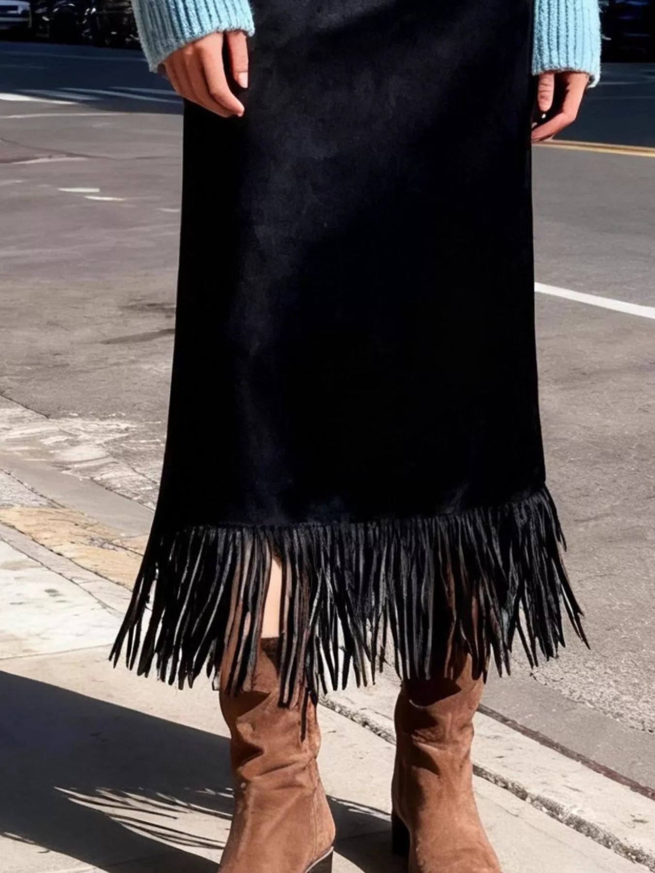 Suede Fringe Midi Skirt