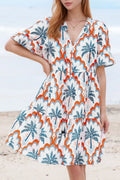 Contrast Palm Tree Printed Short Sleeve Flowy Dress