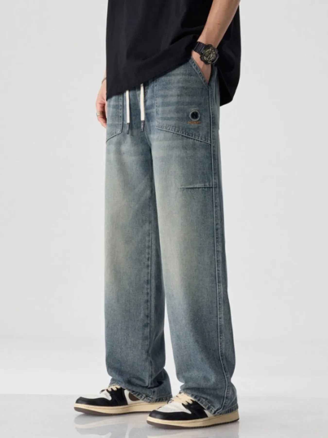 Men's Plus Size Drawstring Washed Wide Leg Jeans