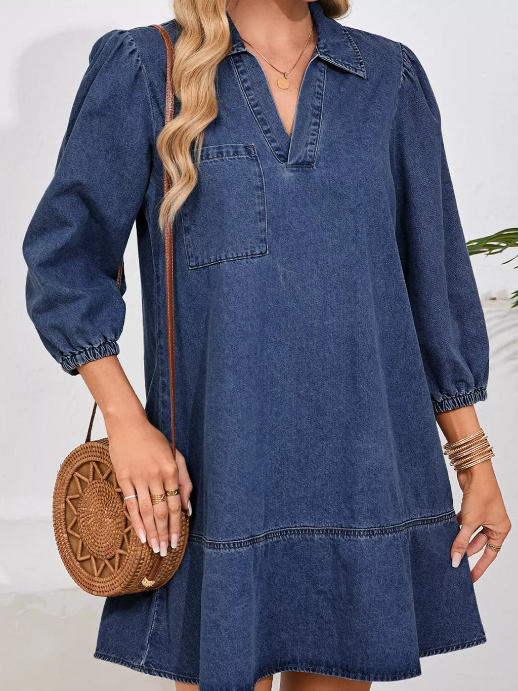 V Neck Collared Single Chest Pocket Long Sleeve Denim Dress