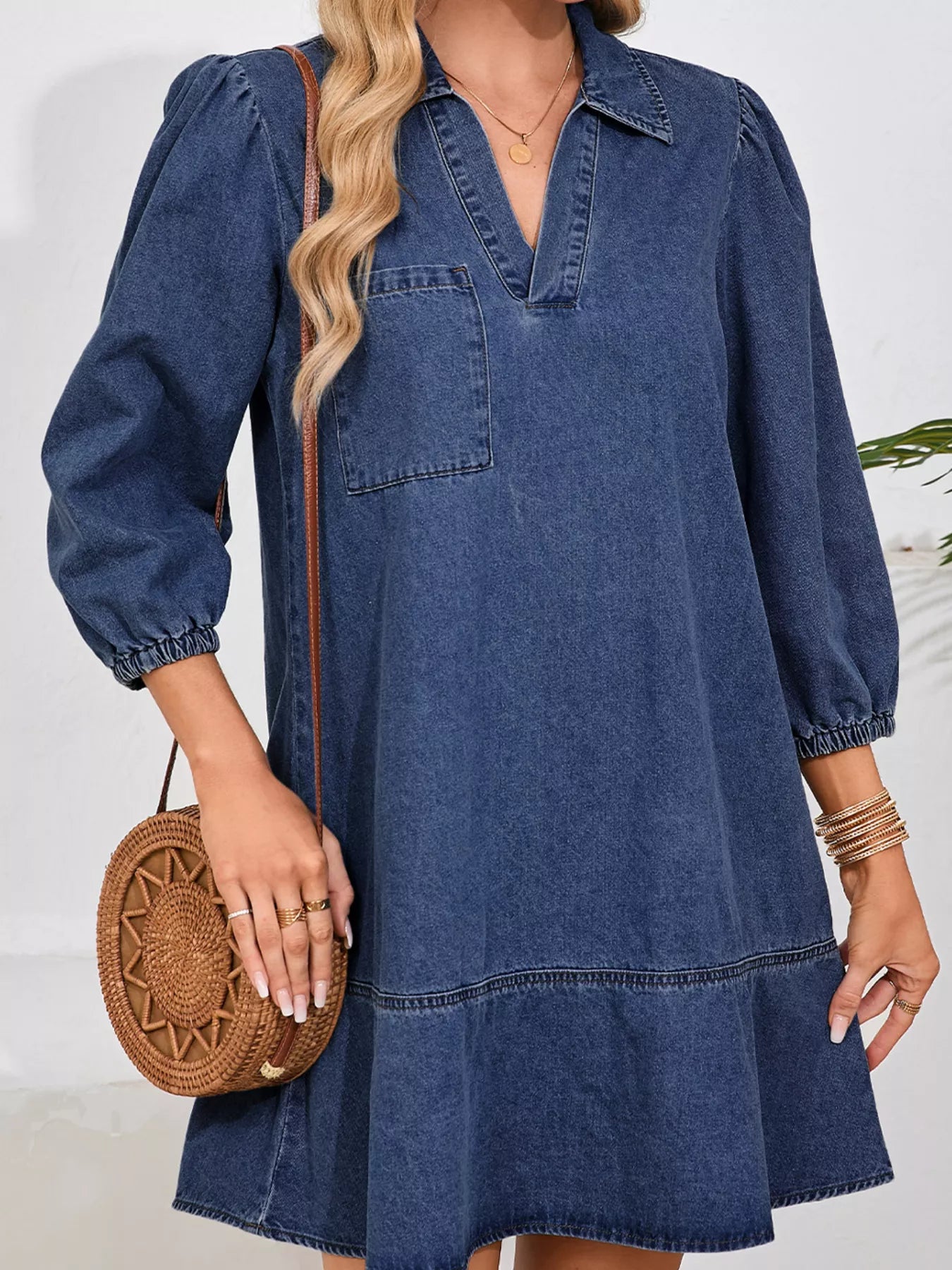 V Neck Collared Single Chest Pocket Long Sleeve Denim Dress
