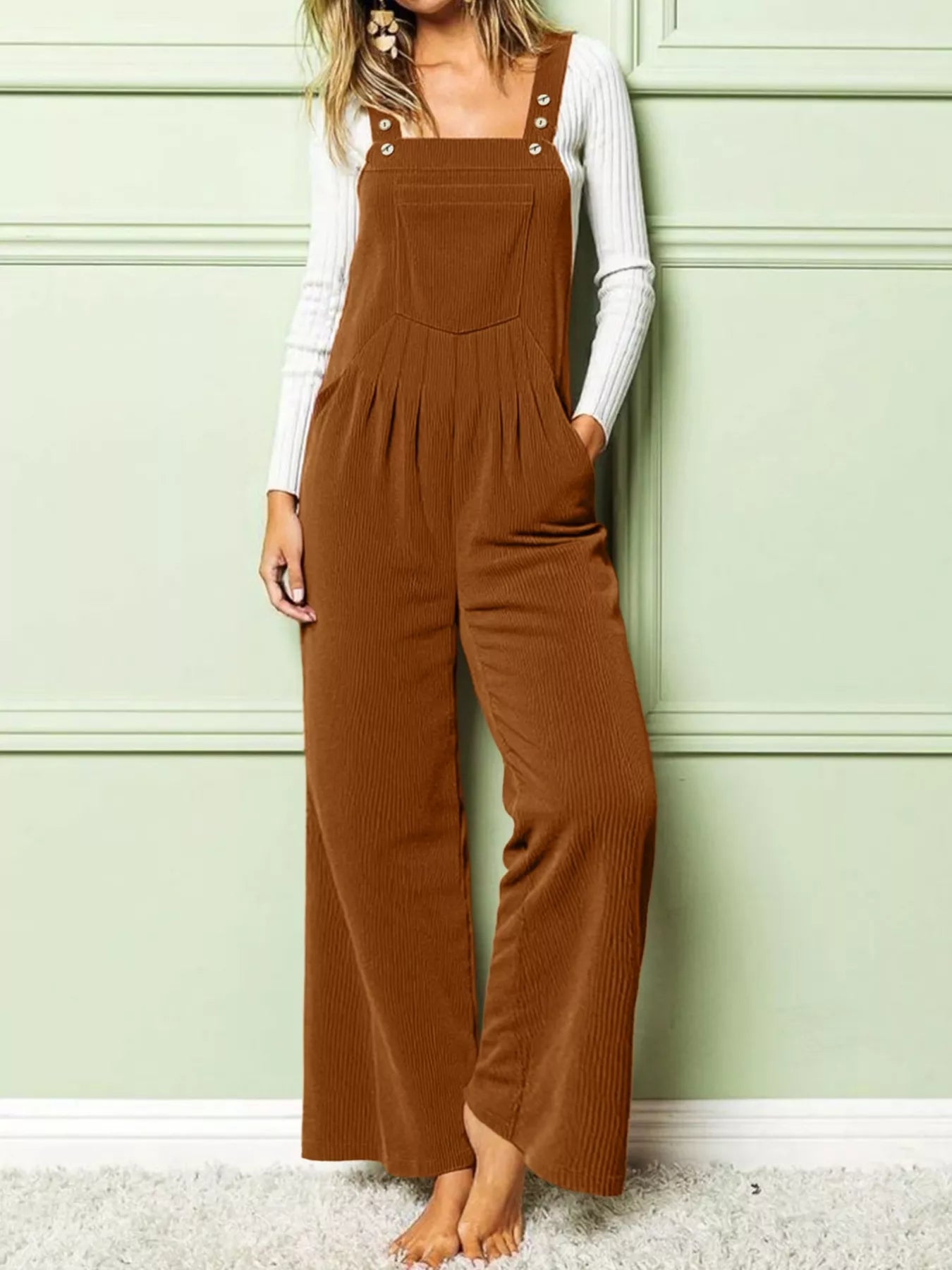 Front Ruched Wide Leg Jumpsuit with Pockets