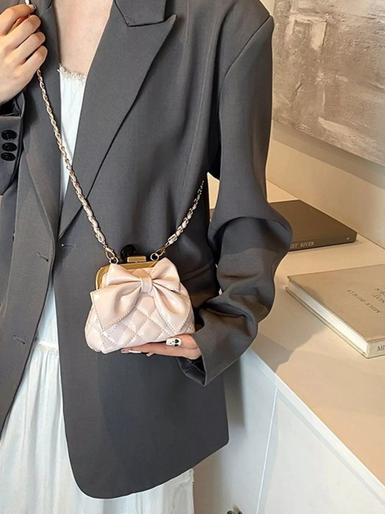 Bow Decor Quilted Crossbody Bag
