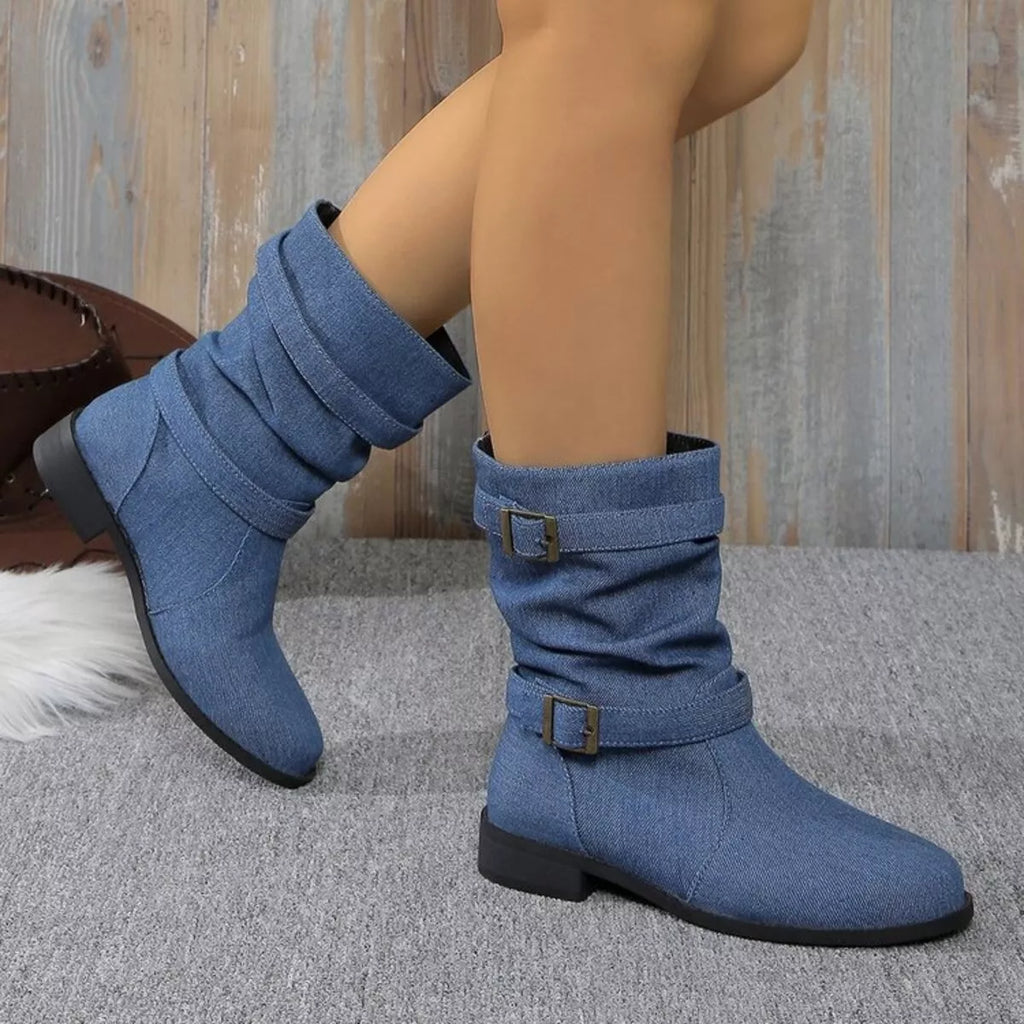 Buckle Accent Block Heel Boots