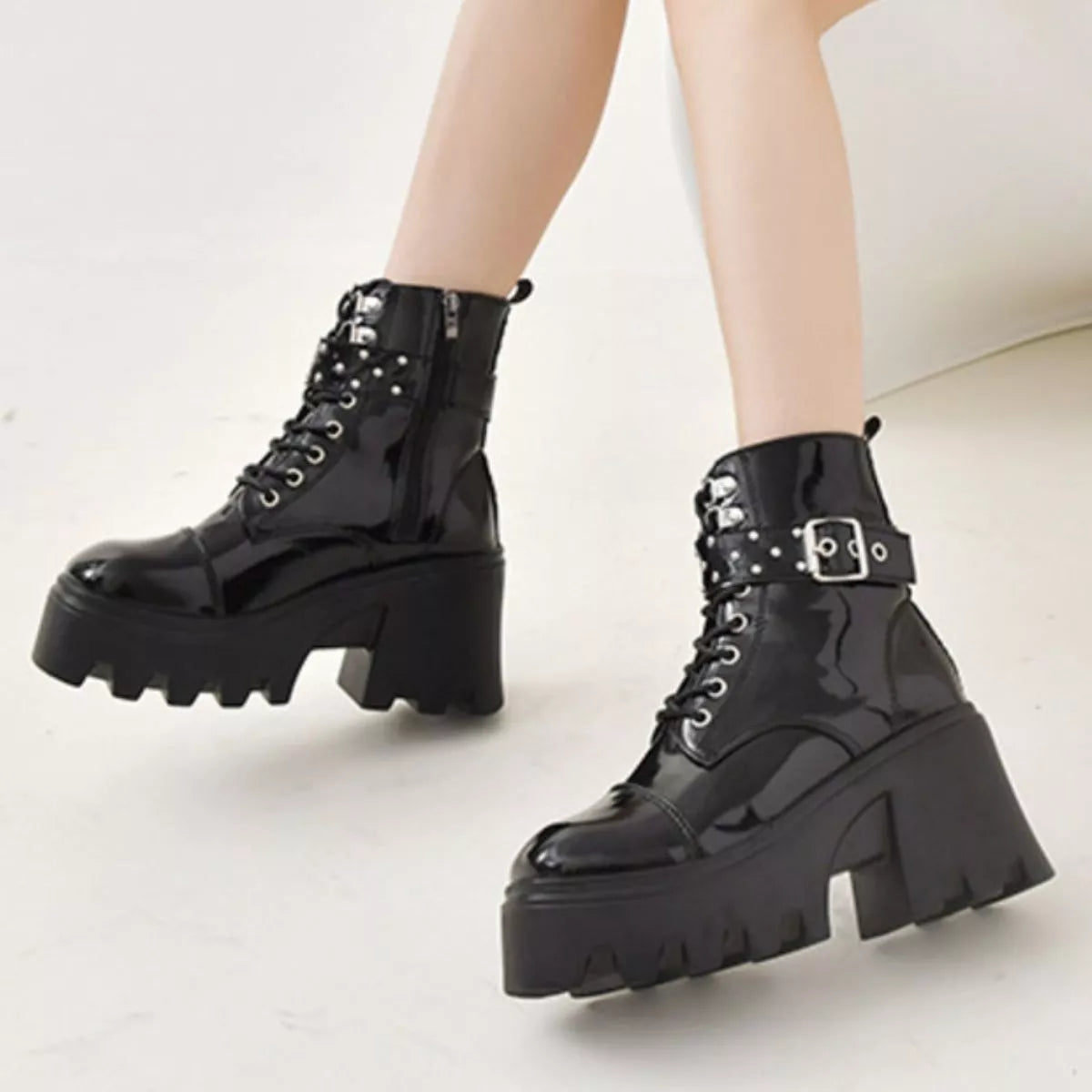Platform Ankle Boots with Buckle and Studded Detail