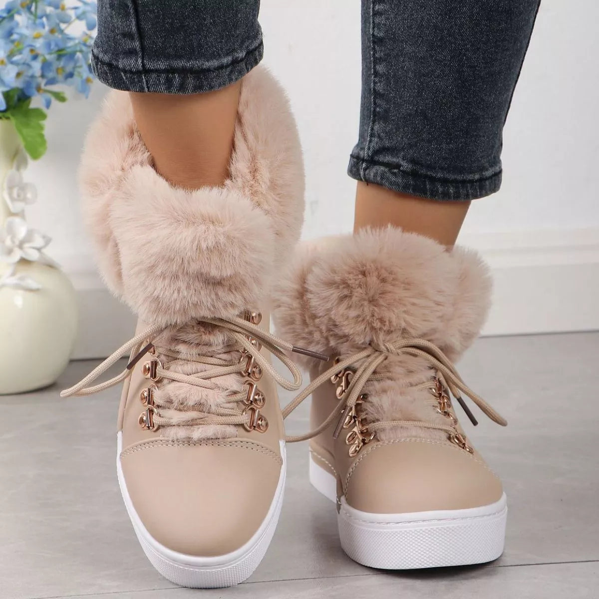 Fuzzy Trim Lace-Up Ankle Boots