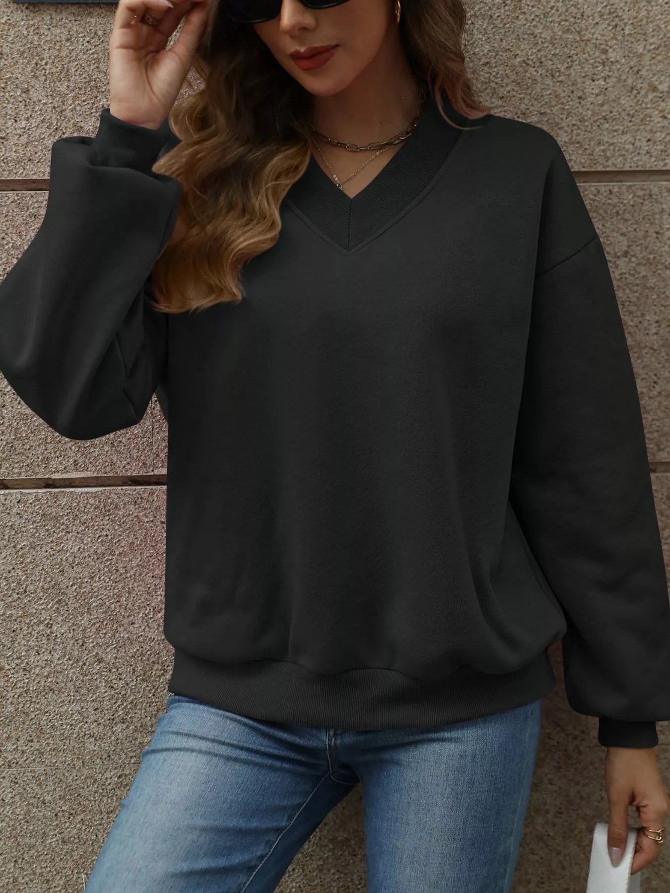 V-Neck Solid Color Casual Sweatshirt