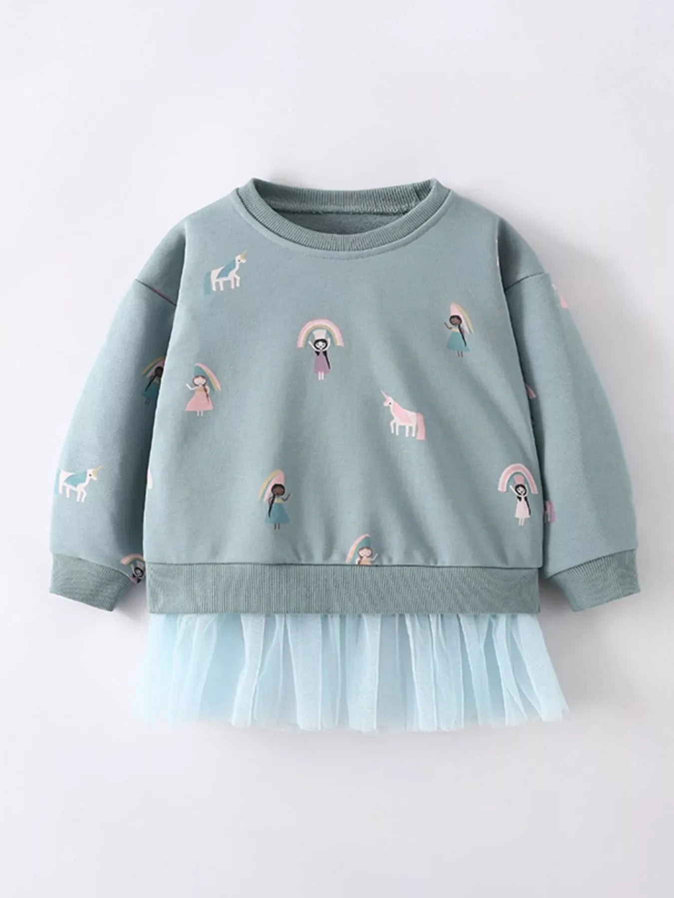 Children's Cute Cartoon Print Sweatshirt with Tulle Hem