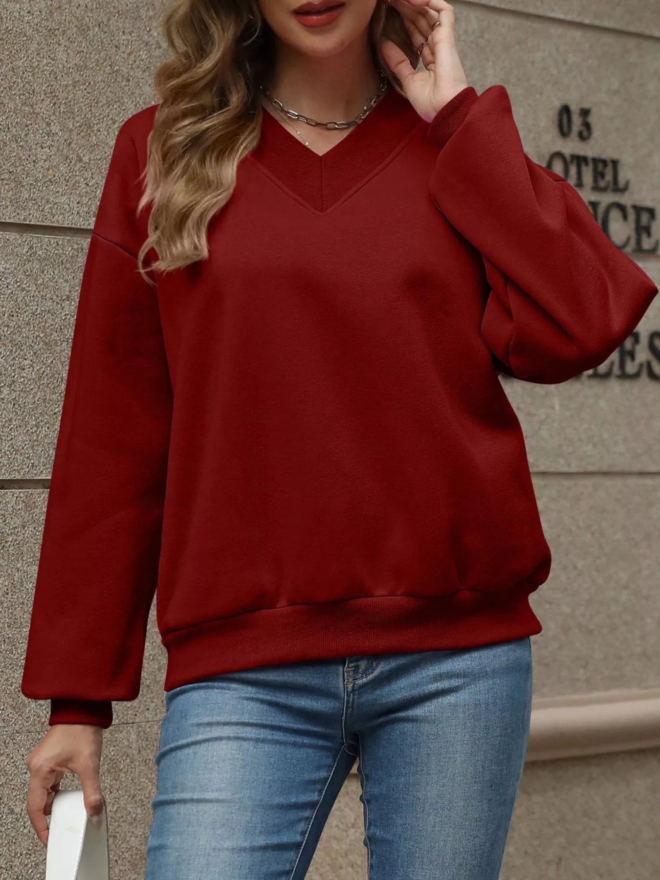 V-Neck Solid Color Casual Sweatshirt