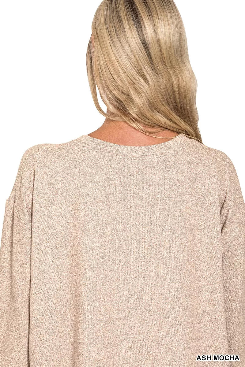 Zenana Soft Melange Long Sleeve Tee and Shorts Set