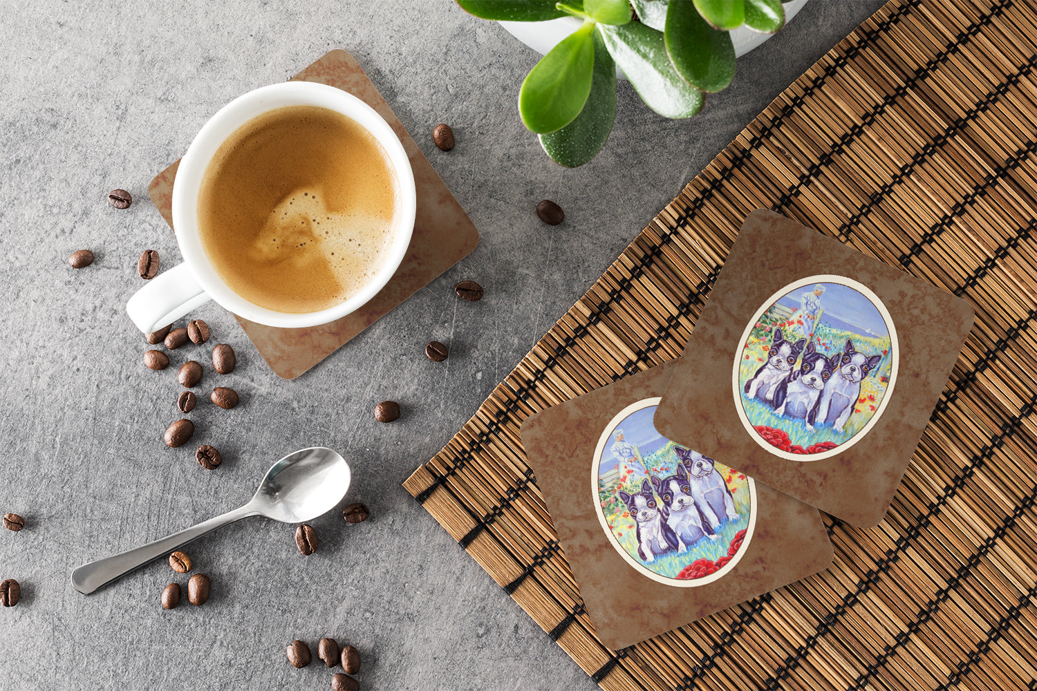 Boston Terrier Trio Foam Coasters Set of 4 Cup Coasters for Indoor Outdoor, Tabletop Protection, Anti Slip, Mouse pad Material
