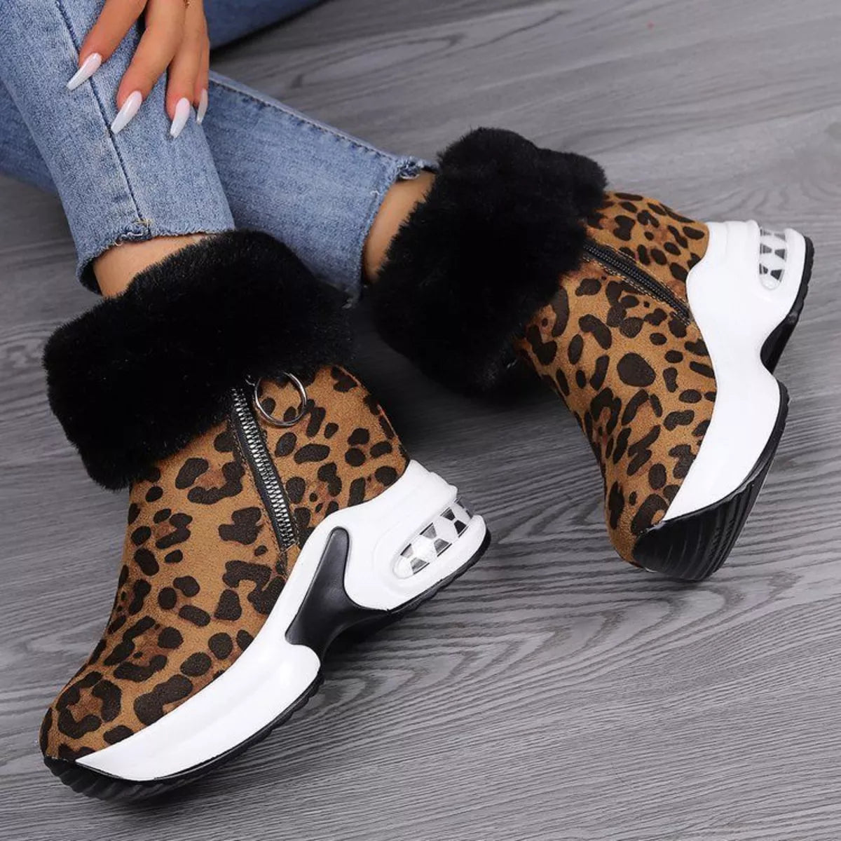 Fuzzy Side Zipper Platform Ankle Boots