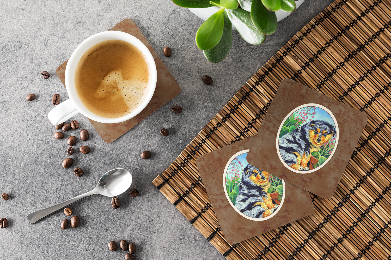 Australian Shepherd Puppy Foam Coasters Set of 4 Cup Coasters for Indoor Outdoor, Tabletop Protection, Anti Slip, Mouse pad Material