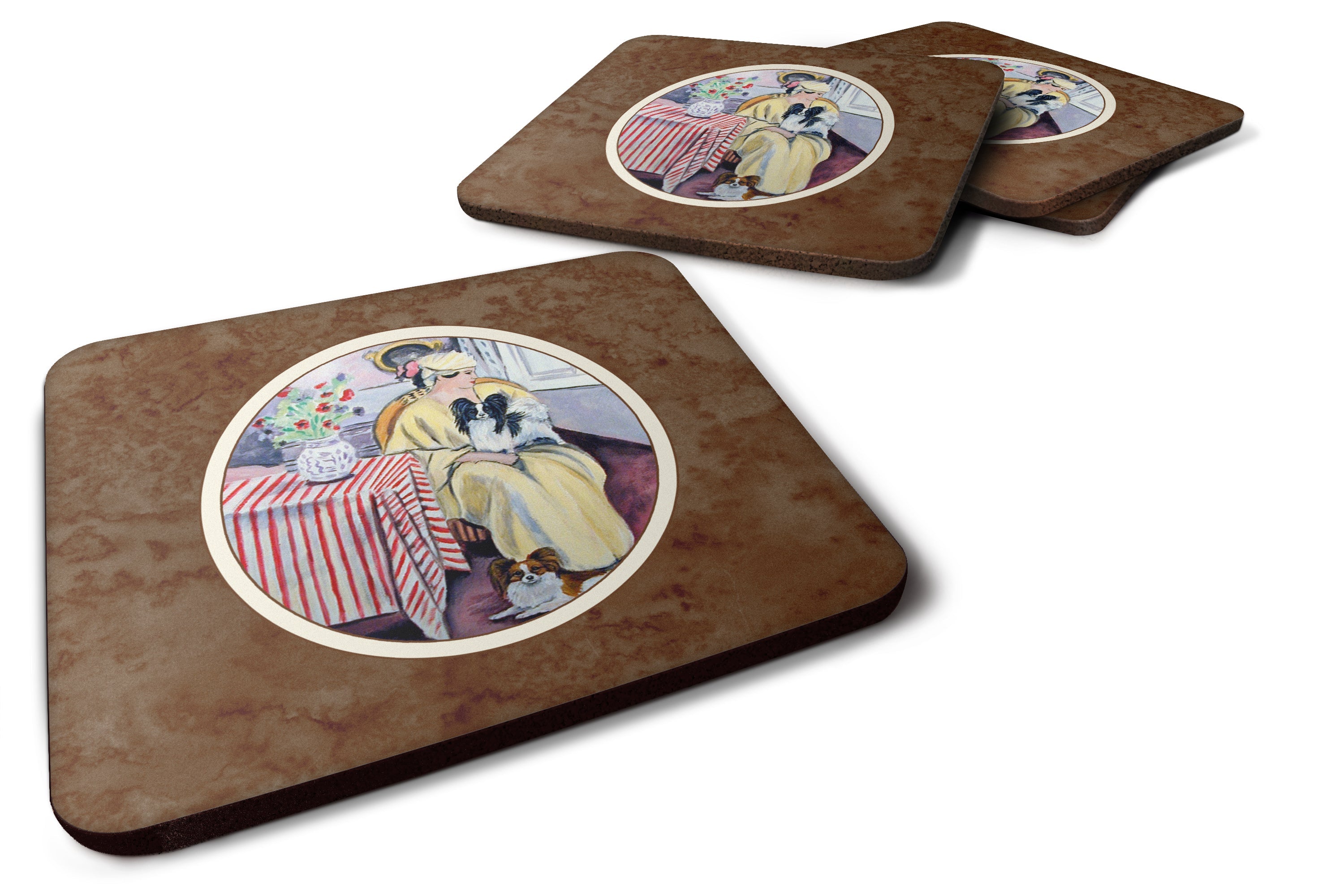 Lady with her Papillon Foam Coasters Set of 4 Cup Coasters for Indoor Outdoor, Tabletop Protection, Anti Slip, Mouse pad Material