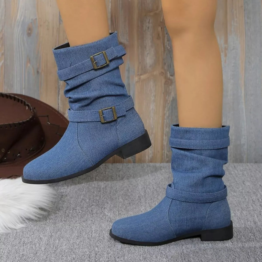 Buckle Accent Block Heel Boots