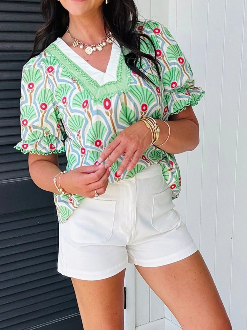 Printed V-Neck Flounce Sleeve Blouse