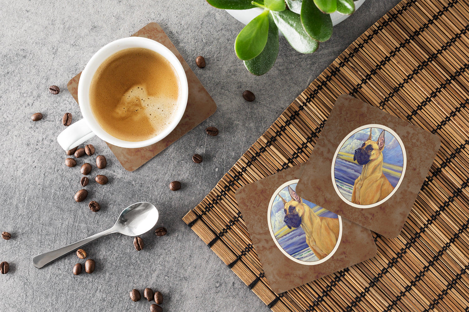 Fawn Great Dane at the beach Foam Coasters Set of 4 Cup Coasters for Indoor Outdoor, Tabletop Protection, Anti Slip, Mouse pad Material