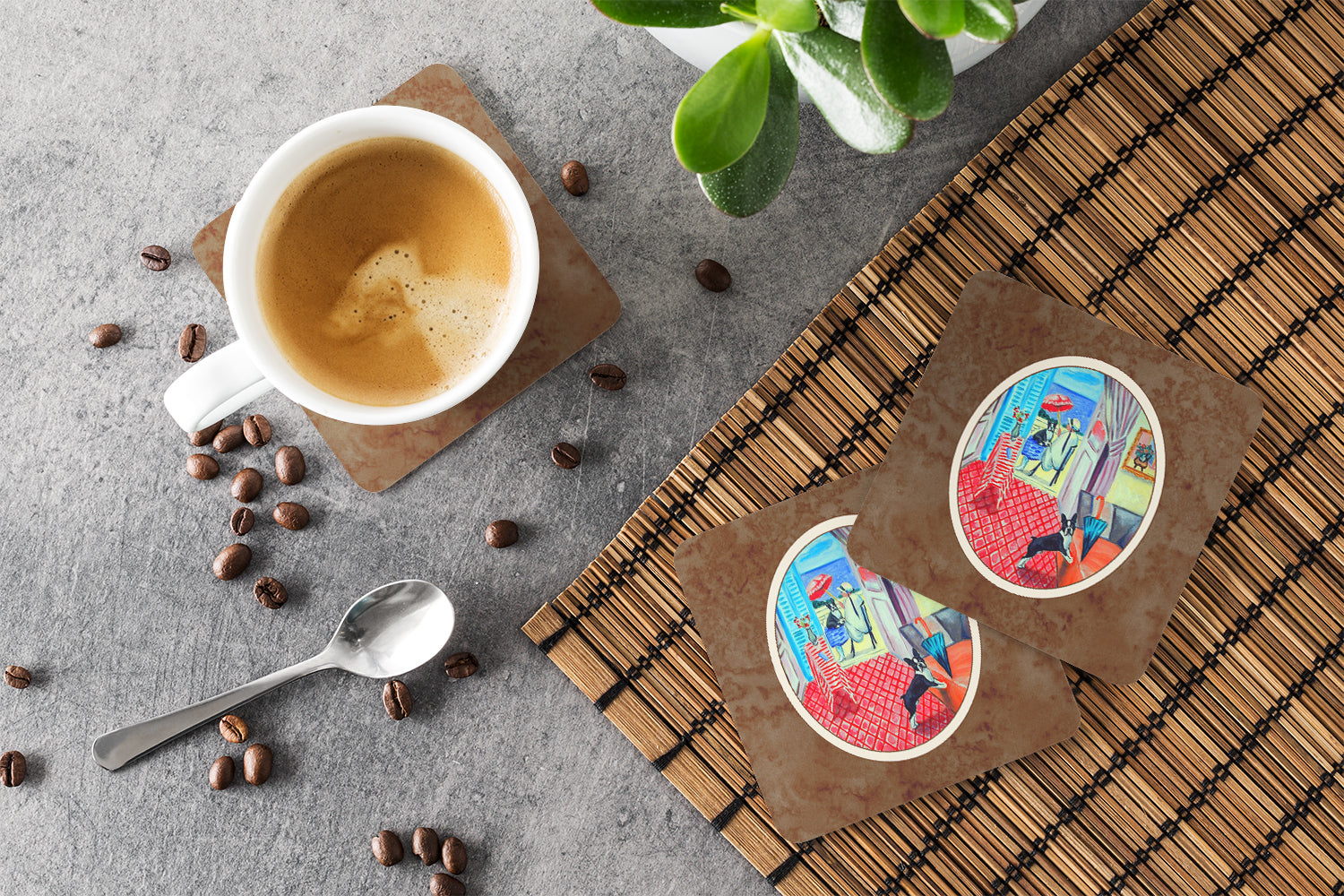 Lady with her Boston Terrier Foam Coasters Set of 4 Cup Coasters for Indoor Outdoor, Tabletop Protection, Anti Slip, Mouse pad Material