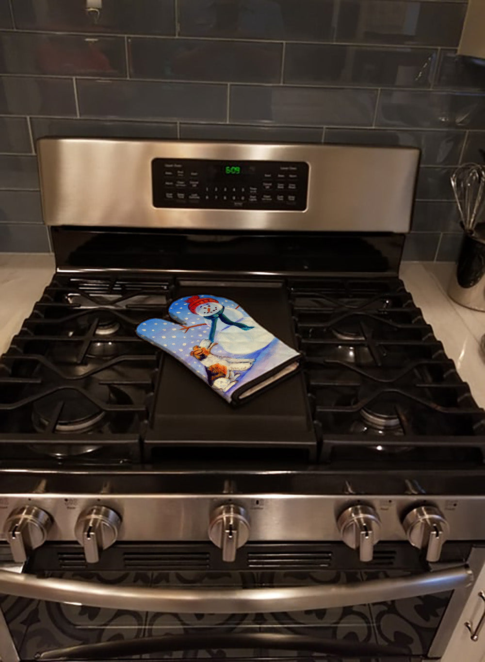 Snowman with  Fox Terrier Oven Mitt Heat Resistant Thick Oven Mitt for Hot Pans and Oven, Kitchen Mitt Protect Hands, Cooking Baking Glove