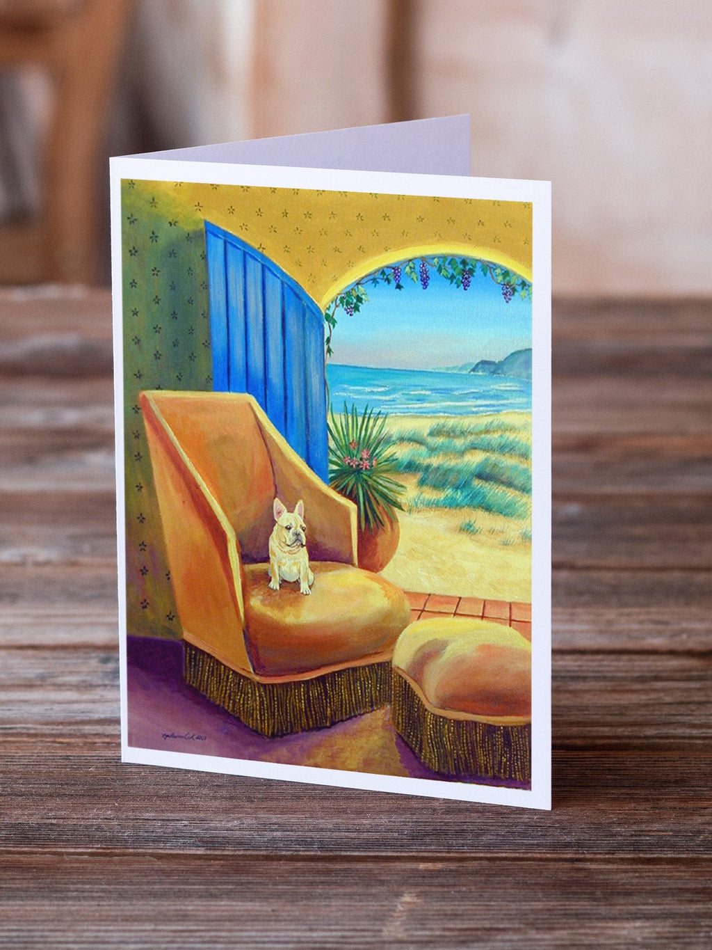 French Bulldog at the beach cottage Greeting Cards Pack of 8 Blank Cards with Envelopes Whimsical A7 Size 5x7