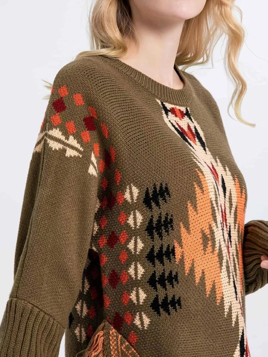 Geometric Pattern Fringe Sweater