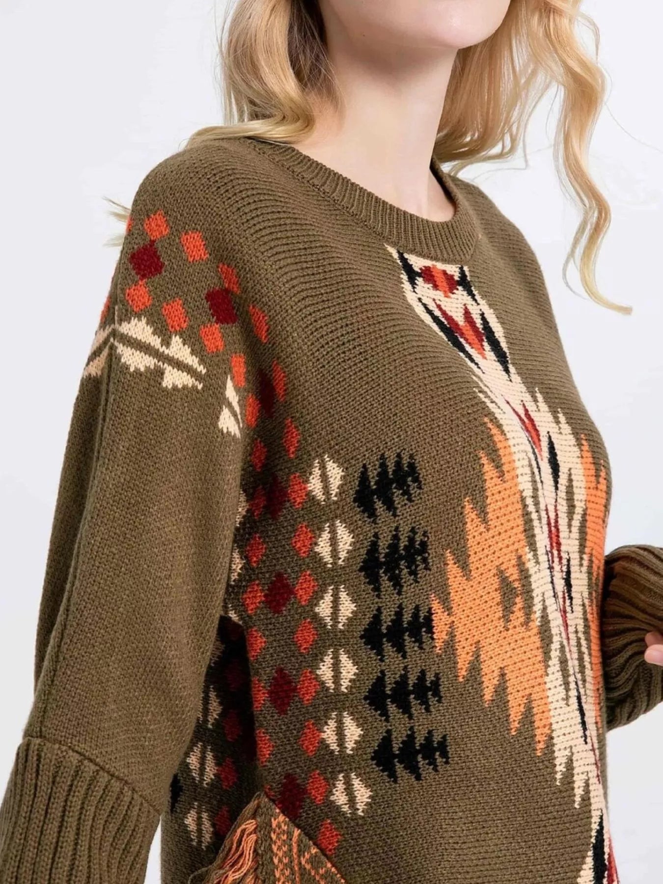 Geometric Pattern Fringe Sweater