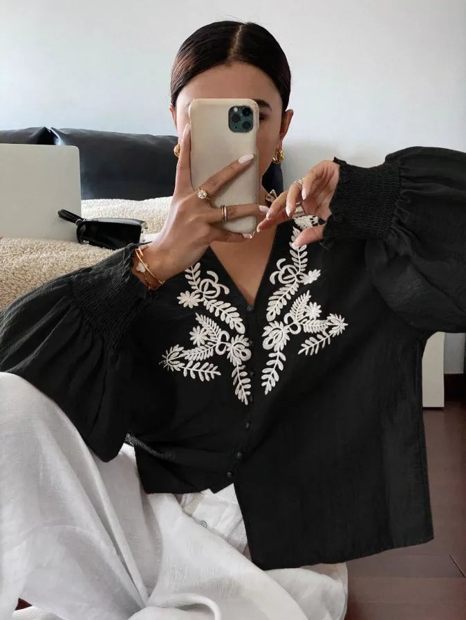 Embroidered Notched Long Sleeve Blouse