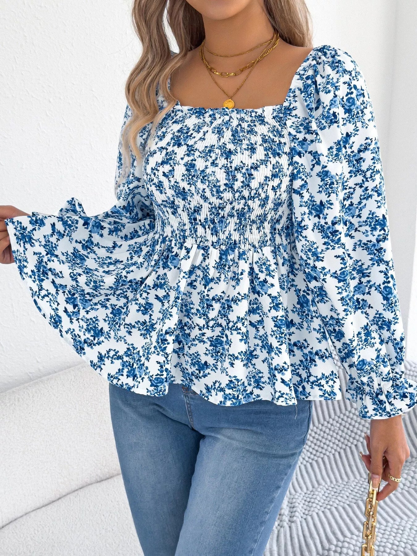Full Size Floral Print Smocked Long Sleeve Blouse Plus Size