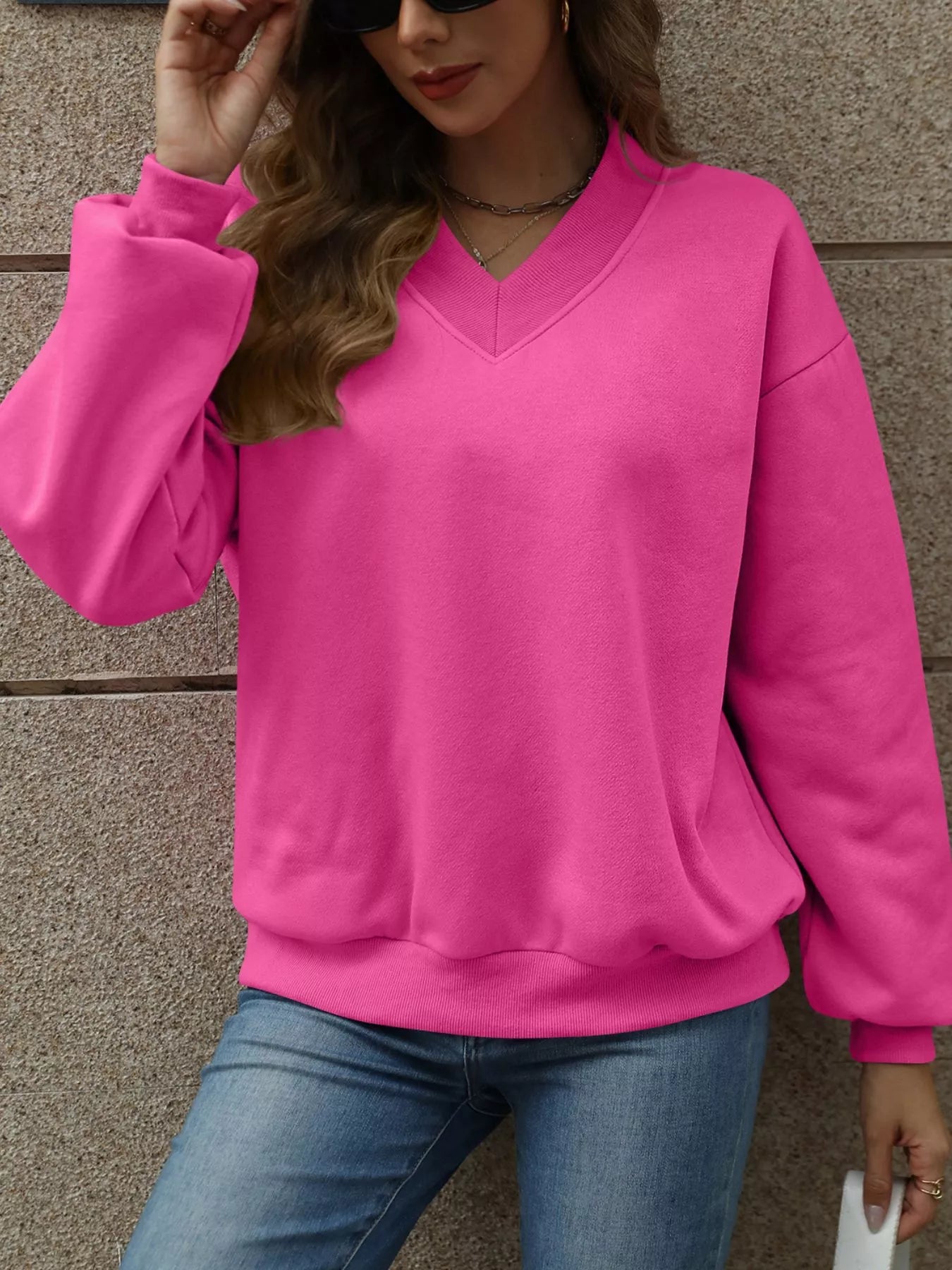 V-Neck Solid Color Casual Sweatshirt