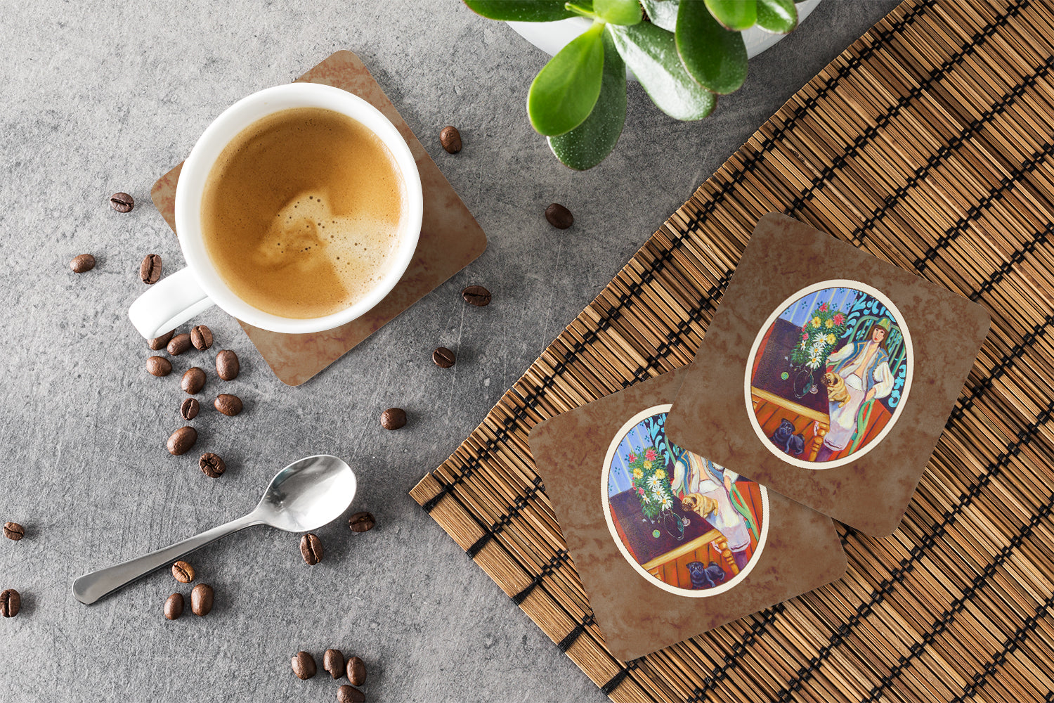 Lady with her Pug Foam Coasters Set of 4 Cup Coasters for Indoor Outdoor, Tabletop Protection, Anti Slip, Mouse pad Material