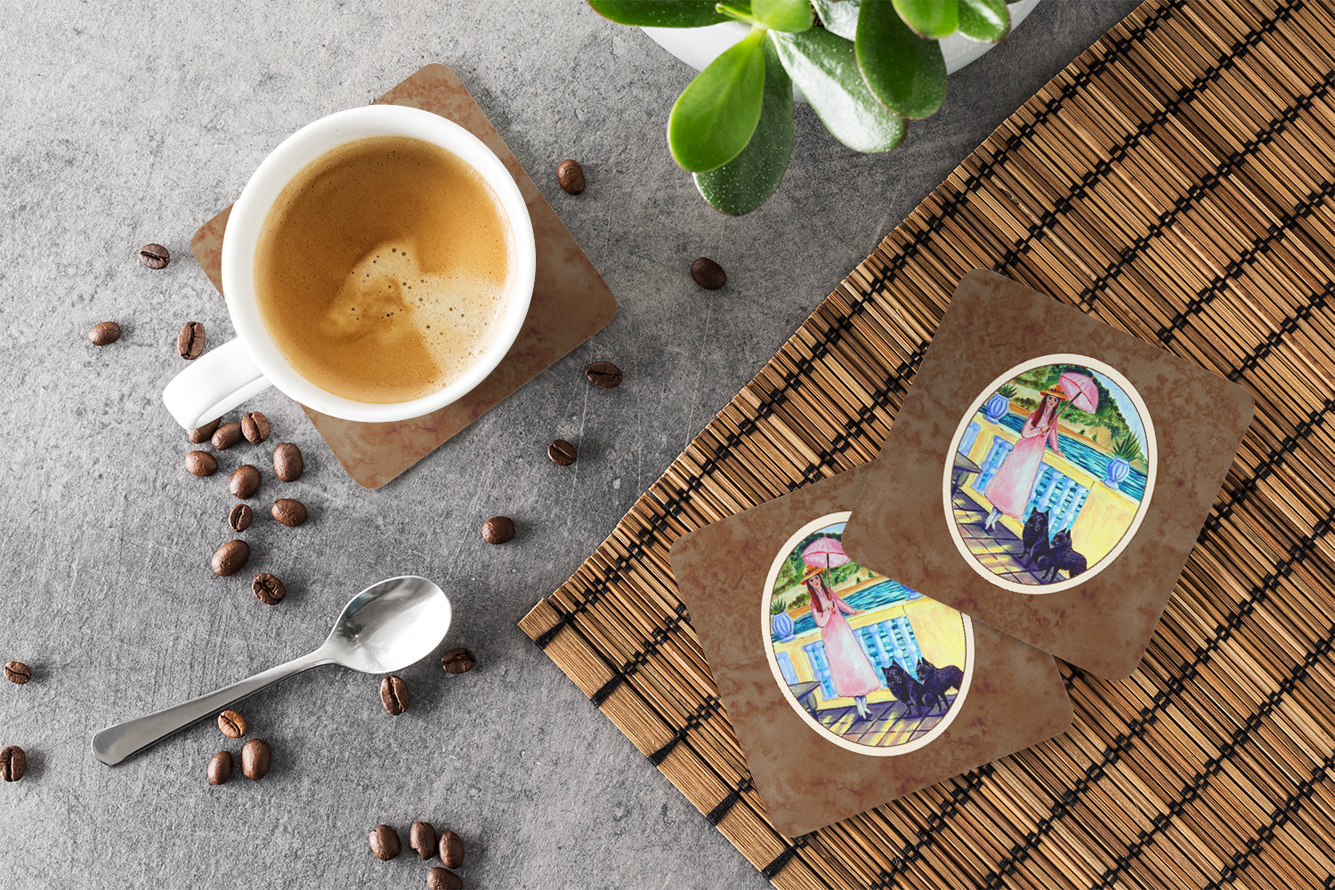 Lady with her Schipperke Foam Coasters Set of 4 Cup Coasters for Indoor Outdoor, Tabletop Protection, Anti Slip, Mouse pad Material