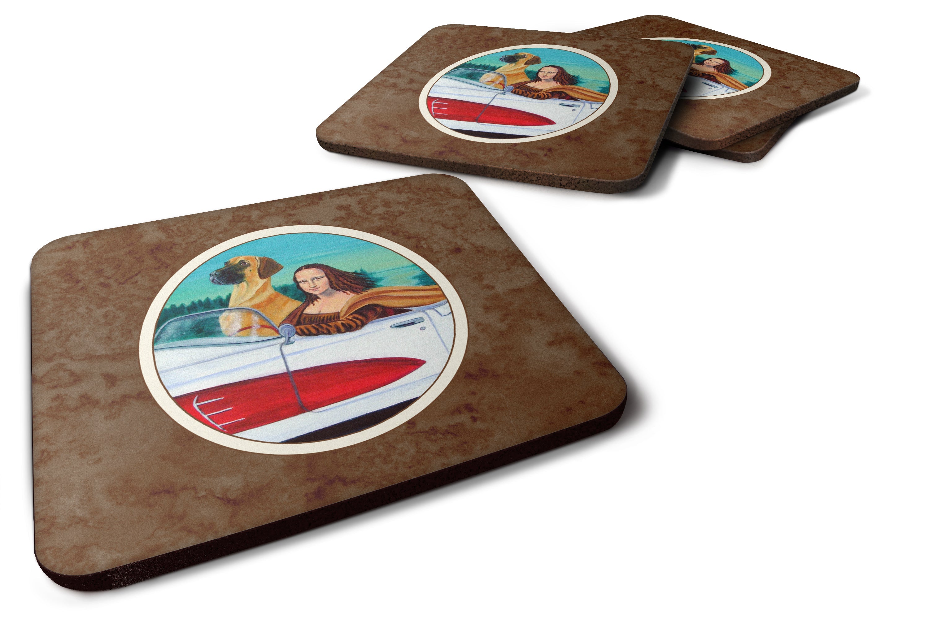 Great Dane with Mona Lisa Foam Coasters Set of 4 Cup Coasters for Indoor Outdoor, Tabletop Protection, Anti Slip, Mouse pad Material