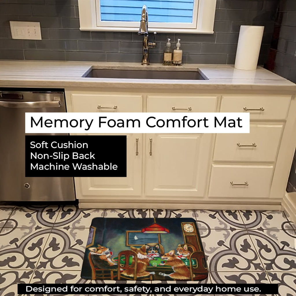Corgi Playing Poker Memory Foam Kitchen Mat Machine Washable Anti-Fatigue Cushion Comfort Bath or Kitchen Rug