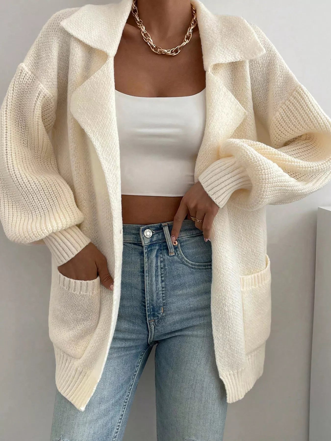 Solid Color Knit Lapel Collar Single Button Sweater Cardigan