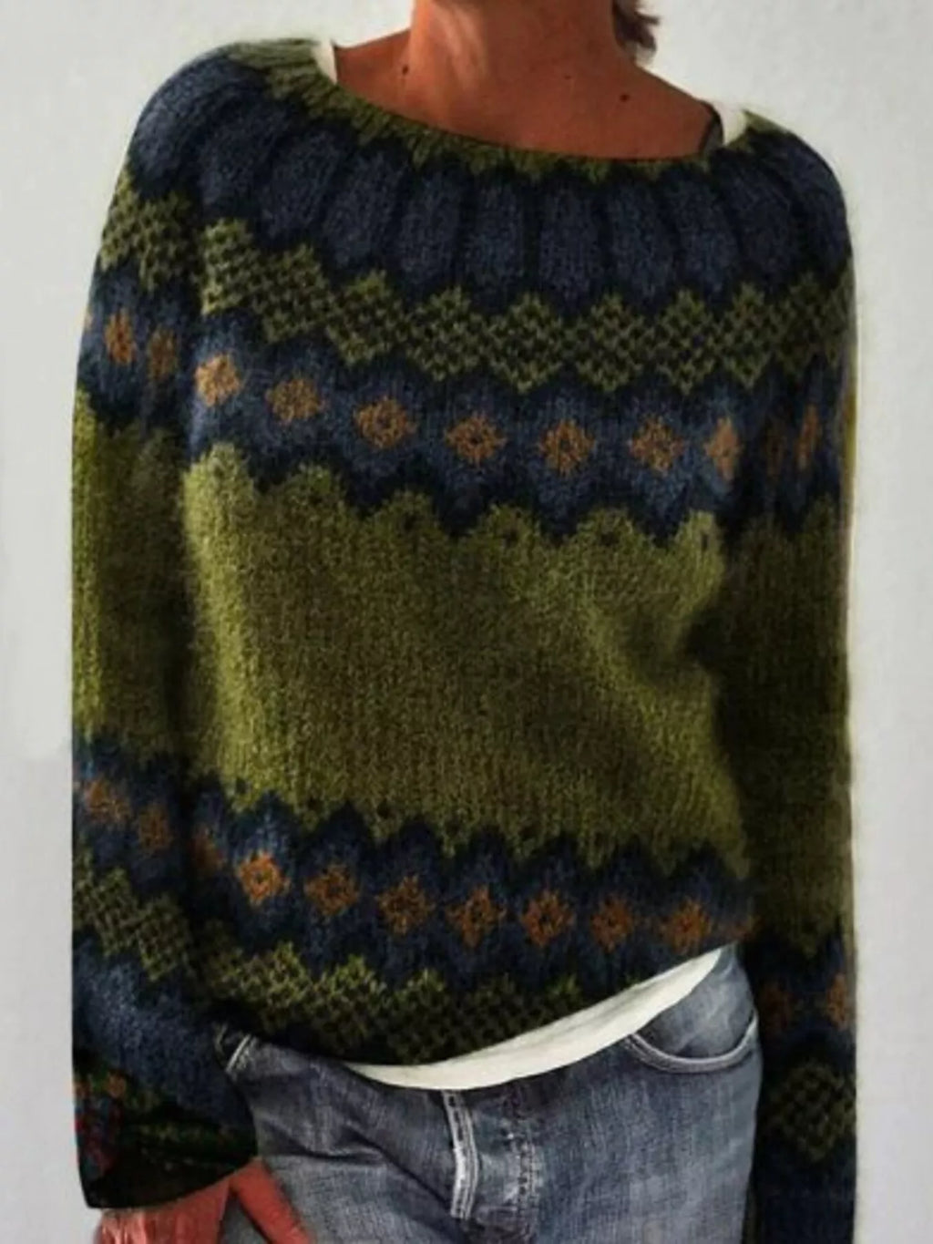 Full Size Vintage Patterned Round Neck Sweater Plus Size