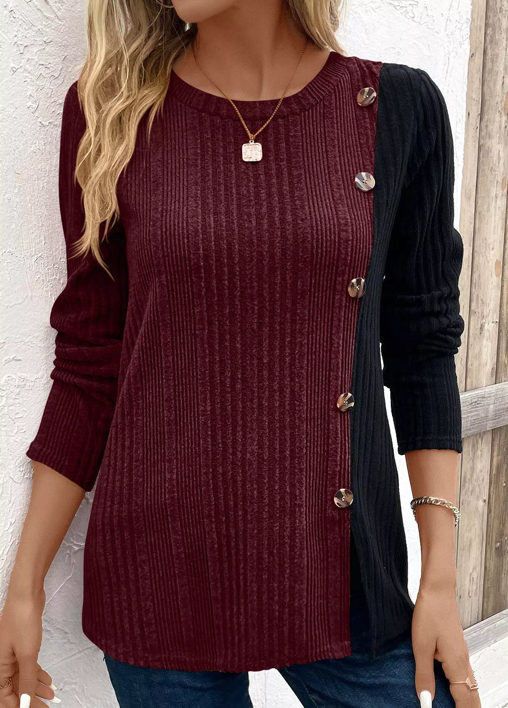 Color Block Ribbed Knit Decor Button T-Shirt