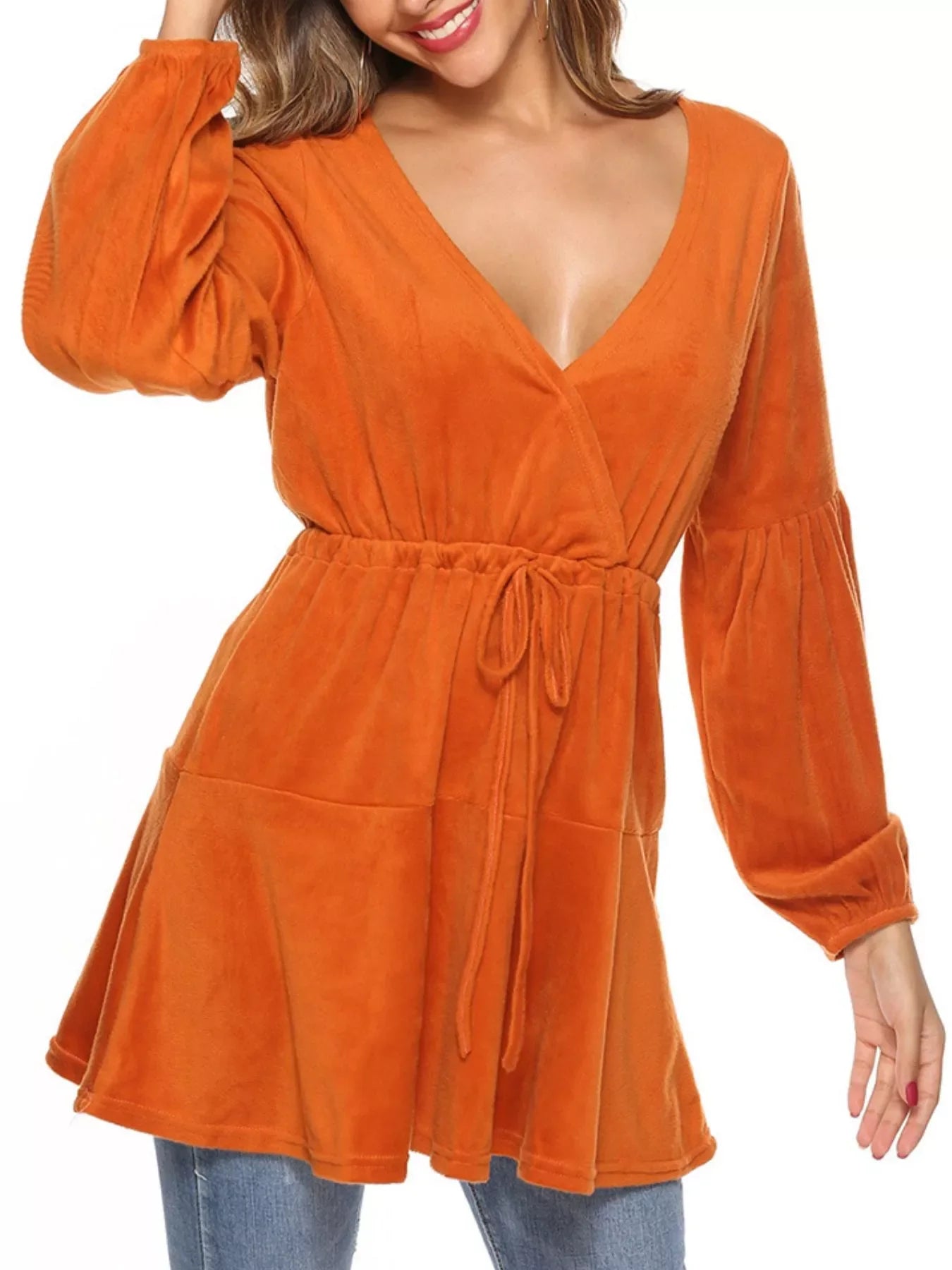 Velvet Long Sleeve Drawstring Blouse