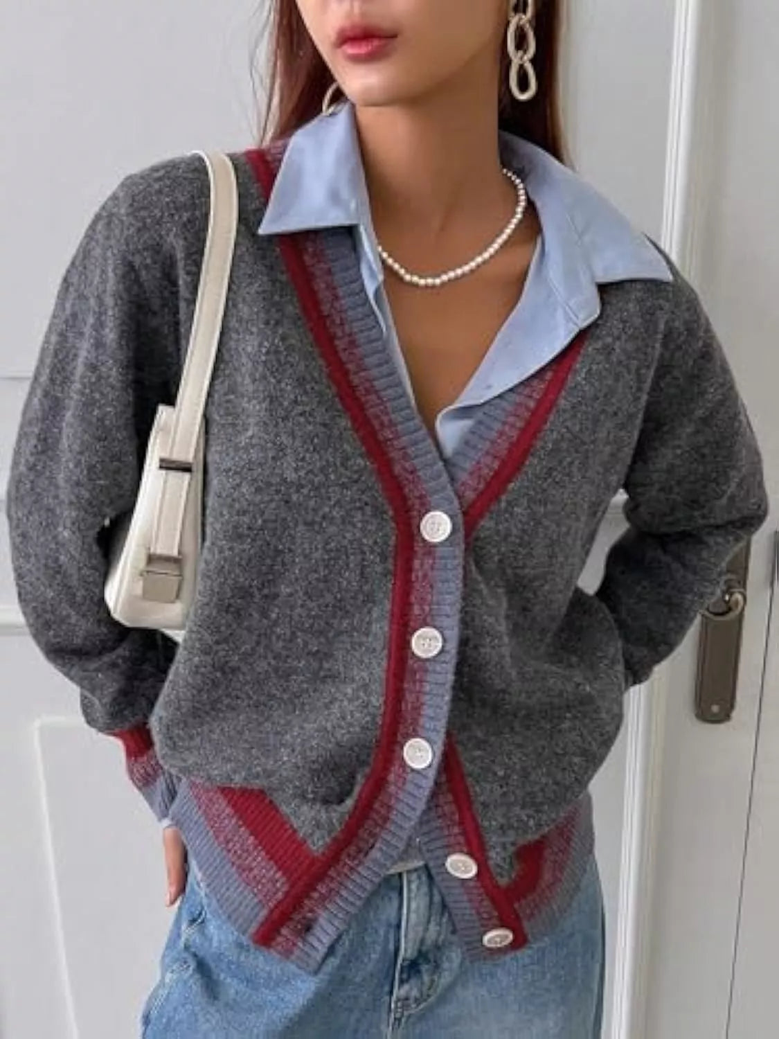 Striped Trim Button-Up Knit Cardigan