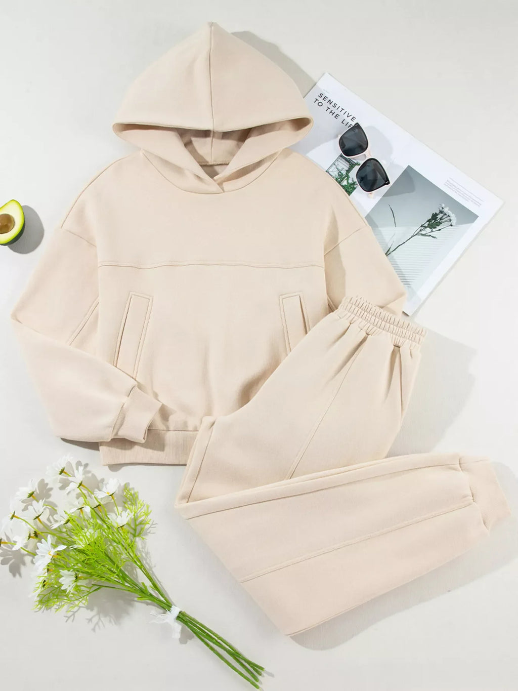 Solid Exposed Seams Hoodie and Joggers Activewear Set